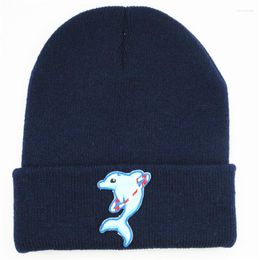 Berets Cotton Dolphin Animal Embroidery Thicken Knitted Hat Winter Warm Skullies Cap Beanie For Kid Men Women 397
