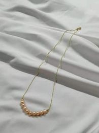 Chains Simple 9 Pearls Smile 5-6mm 45cm Pink Freshwater Pearl Golden Color Chain Accessories Necklace