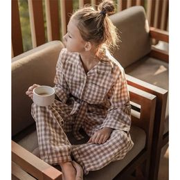 Pyjamas Cute Kid Girl's Turndown Collar Brown Plaid Pyjama Sets.Vintage Toddler Kid's Pyjamas Set Sleep Loungewear.Children's Clothing 231124