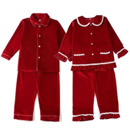 Winter Boutique Velvet Fabric Red Kids Clothes Pjs With Lace Toddler Boys Set Pyjamas Girl Baby Sleepwear 210908327R