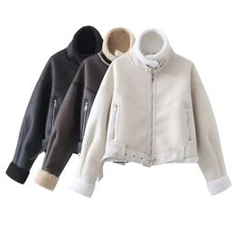 Womens Jackets Winter Wear Temperament Simple Fur Integrated Loose Fit Motorcycle Stand Neck Short Warm Coat 231129