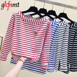 T-Shirts Cotton Tshirt Women 2021 New Autumn Long Sleeve ONeck Female T Shirt White Striped Casual Basic Classic Lips Top Poleras Mujer