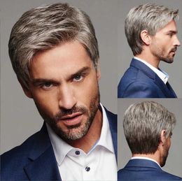 Synthetic Wigs Wig Men's Gradual Grey Partial Parting Bangs Short Straight Wig Set