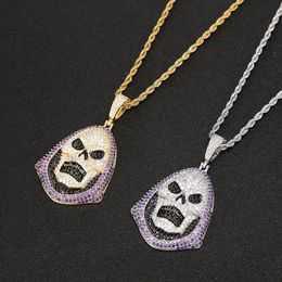 Hip Hop Hoody Skull Purple Stone Pendant Necklace Tennis Chain Gold Silver Cubic Zirconia Rock Jewelry1553
