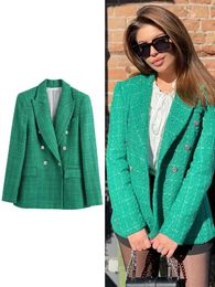 Womens Suits Blazers ZBZA Fashion Double Breasted Tweed Blazer Decorative Buttons Vintage Long Sleeve Flap Pockets Jacket Funky Vests 231129