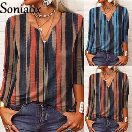 Elegant Loose Stripes Print Bottoming Shirt Ladies Autumn Vintage T-shirt V Neck Long Sleeve Tees Women Casual Street Daily Tops T230811