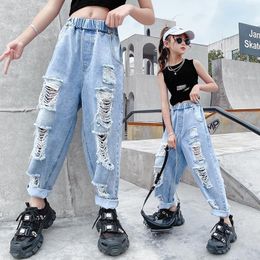 Jeans Fashion Ripped For Girls Pants 5-14 Years Children Korean Teenage Elastic Waist Loose Denim Trousers Summer Clothes