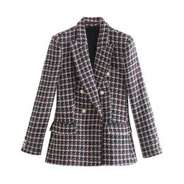 Womens Suits Blazers Autumn womens jacket Fashion Double Breasted Tweed Cheque Blazer Coat Vintage Long Sleeve Pockets Female Outerwear 231129