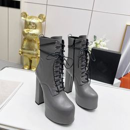 Ankle Boot platform boots round Toe 14.5cm high heel booties solid Colour Genuine Leather zipper closure chunky boot luxury designer for women factory footwear