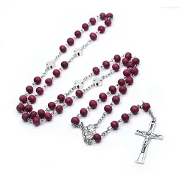 Pendant Necklaces QIGO Red Wood Beads Cross Rosary Necklace For Women Men Religious Prayer Jewelry