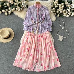 Abiti casual 2023 Spring Summer Pulsway Flower Maxi Dress Women Manica lunga stampa floreale Stampa in pizzo sciolto in pizzo in chiffon vacanza Long Vestidos