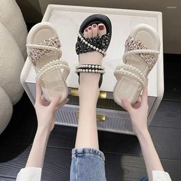 Dress Shoes Footwear Slippers Summer 2023 Rhinestones Women's Diamond Sandals For Woman Outdoor Platform With Medium Heels Comfort H F