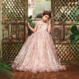 Girl Dresses Gown Rose Gold Sequined Lace Girls Pageant V Neck Appliques Sequins Short Sleeves For Birthday First Communion