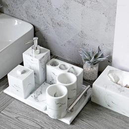 Bath Accessory Set Bathroom Resin Toiletry White Marble Hand Sanitizer Toner Toothbrush Cup Soap Box Simple Storage Tray Decor