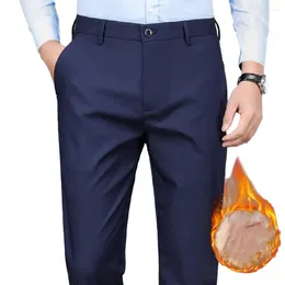 Men's Suits Men Winter Suit Pants Soft Thickened Plush Business Wrinkle-free Straight Leg Mid Waist Elastic Pockets For Office