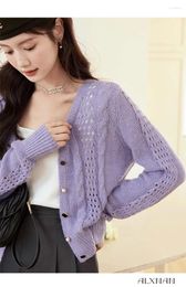 Women's Knits Lovely Women Autumn Cropped V-Neck Long-Sleeved Knitwear Elegant Sweater 2023 Purple Korean Style Top