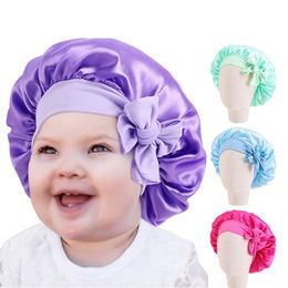 Solid Satin Silk Bonnet with Band Tie Baby Sleep Cap Fashion Bowknot Kid Night Sleep Cap