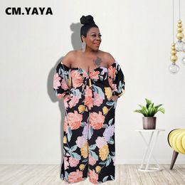 Pants CM.YAYA Women Plus Size Jumpsuit Print Off Shoulder Full Sleeve Strapless Loose Jumpsuits Sexy Fashion Streetwear Summer Outfits