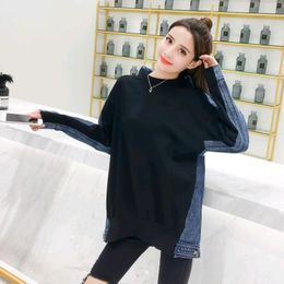 Women's Jackets Autumn 2023 Women Patchwork Slim Denim Sweatshirt Street Ripped Hole Long Sleeve Pullover Female Tops Coats Moletom Feminino