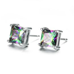 6 Pairs 1Lot Luckyshine Thanksgiving Gift Square Mystic Topaz Cubic Zirconia Gems 925 Silver Stud Earrings Russia Canada Wedding S240s