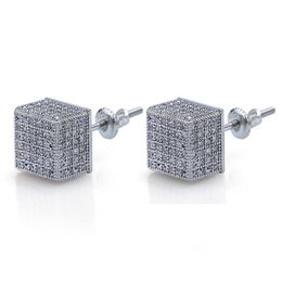 Hip Hop Mens Screwback Stud Earrings Fashion Square White Zircon Dangle Earrings Gold Plated Vintage Geometric Jewellery Whole2601