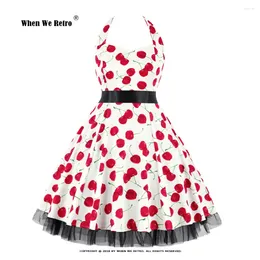 Casual Dresses 2023 Cherry Print Summer Dress Vintage 50s 60s Pinup Halter Midi A Line Belted Mesh Hem Patchwork Retro VD3791