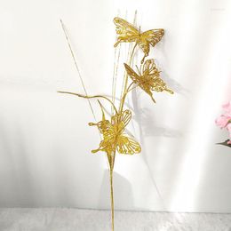 Decorative Flowers 5pcs Gold Artificial Plant Plastic Fake Butterfly For Home Decor Christmas Year Ornaments Table Vase Garden Decoration