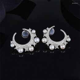 Stud Earrings 925 Sterling Silver Pearl Cubic Zirconia Star Moon Earring Elegant Designer Women Wedding Jewelry283Z