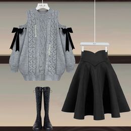 Two Piece Dress Fall Winter Sets Outfit For Women Off The Shoulder Bow Diamond Knitted Sweater And Pleated Skirts 230428