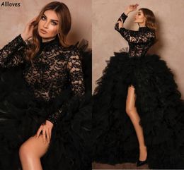 Fluffy Cascading Ruffles Black Evening Dresses With Long Sleeves High Neck Lace Beaded Tiered Tulle Prom Gowns Sexy Thigh Split Formal Celebrity Carpet Dress CL2220