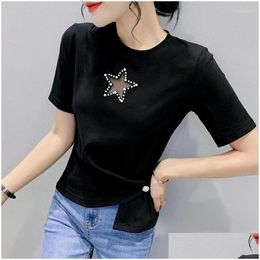 Womens T-Shirt T Shirts 2023 Summer European Style Fashion Y O-Neck Beading Cross Irregar Women Short Sleeve Tops Plover Tees Drop Del Dhhac