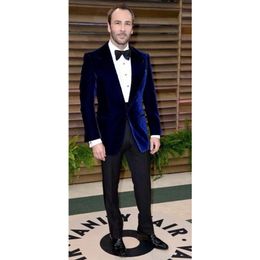 Men's Suits & Blazers Dark Blue Velour Slim Fit Men Suit Set Groom Tuxedos Velvet Coat Prom Wedding Performance Costume Homme(Jacket Pants)