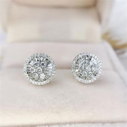 Circle Stud Earring Luxury Jewellery 925 Sterling Silver Full Princess Cut White Topaz CZ Diamond Gemstones Women Wedding Bridal Ear2582