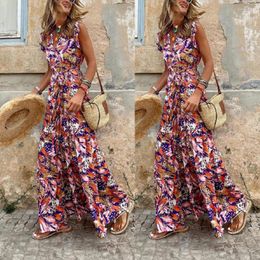 Casual Dresses Women Elegant Autumn Floral Print Loose Dress Fashion Sleeveless V Neck High Waist Corset A-line