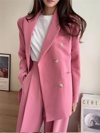 Women's Two Piece Pants Pink Formal Suits Work Wear Slim-Fit Women High Street Blazers 2023 Spring Office Lady Loose Chic Solid Sets