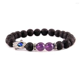 Strand Silver Plated Hand Connect Black Lava Stone Beads Elastic Bracelet Amethysts Crystal Fashion Jewelry