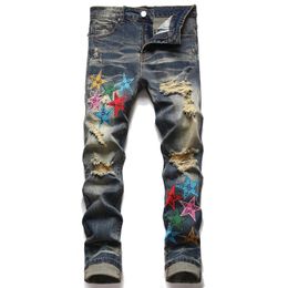 Men s Jeans Mens light luxury street fashion stretch denim pants beggar style slimming distressed ripped jeans star embroidery casual 231129