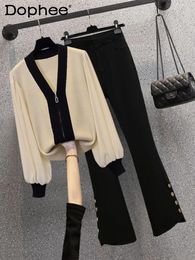 Womens Two Piece Pants Knitted suit for womens autumn Vneck knitted cardigan sweater jacket boots cut mens set twopiece 231128