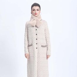 Women's Fur & Faux MISSJANEFUR Kintted Coat Straight Cylinder Type Woman Color Blocking Stand Collar Female Overcoat