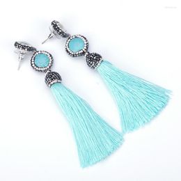 Dangle Earrings Handmade Cyan Blue Turquoises Howlite Gemstome Charm Black Rhinestone Freshwater Pearl Studs Silk Tassel Earring Women