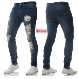 Mens Solid Colour Distressed Biker Cool Jeans Fashion Slim Ripped Washed Pencil Pants Men Jean outdoors High Street autumn designer jeans