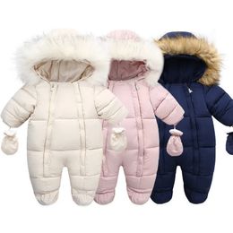 Jackets Baby Jumpsuit With Glove Winter Cute born Cotton Plus Velvet Baby Coat Romper Warm Infant Clothing Set Hooded Toddler Clothes 231129