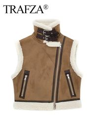 Womens Jackets TRAFZA Fashion Elegant Women Thickening Warm Zip Waistcoats Coat Female Faux Leather Lambswool Patchwork Sleeveless Casual Vest 231129