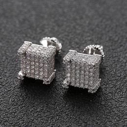 Fashion Hip Hop Earrings for Men Gold Silver Iced Out CZ Square Stud Earring With Screw Back Jewelry3168