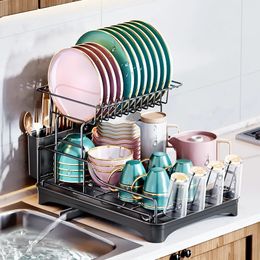 Dish Racks 2 Tiers Dish Rack with Drip Tray Kitchen Bowl Drainer Storage Rack With Chopstick Cage Kitchen Counter Organiser Rack 231124