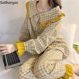 Women's Sleepwear Sweet Plaid Pyjama Sets Women Long Sleeve Button Top Elastic Waist Pants Loose Lounge Homewear Cute Autumn Ruffles Pyjamas