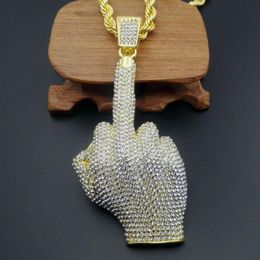 Hip Hop Men Gold Colour Full Rhinestone Big Middle Finger Pendants Necklaces with 30inch long chain for mens jewelry275n