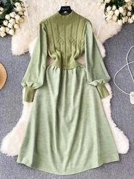 Casual Dresses Women French Green Knit Sweater Dress Autumn Winter 2023 Brown A-line Warm Pleated Khaki High Quality Clothing