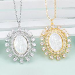 Pendant Necklaces EYIKA Religious Female CZ Holy Virgin Mary Oval Necklace White Mother Pearl Shell Our Lady Of Guadalupe Maria