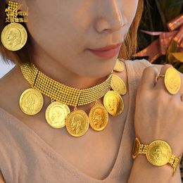 Wedding Jewellery Sets Luxury Dubai Plated African Women Indian Jewellery Ethiopian Coin Big Necklace Earrings Bracelets Rings Set 231128